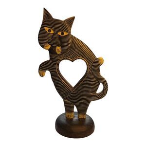 Pier 1 Black and Yellow Striped Cat Folk Art Standing Mirror 14in